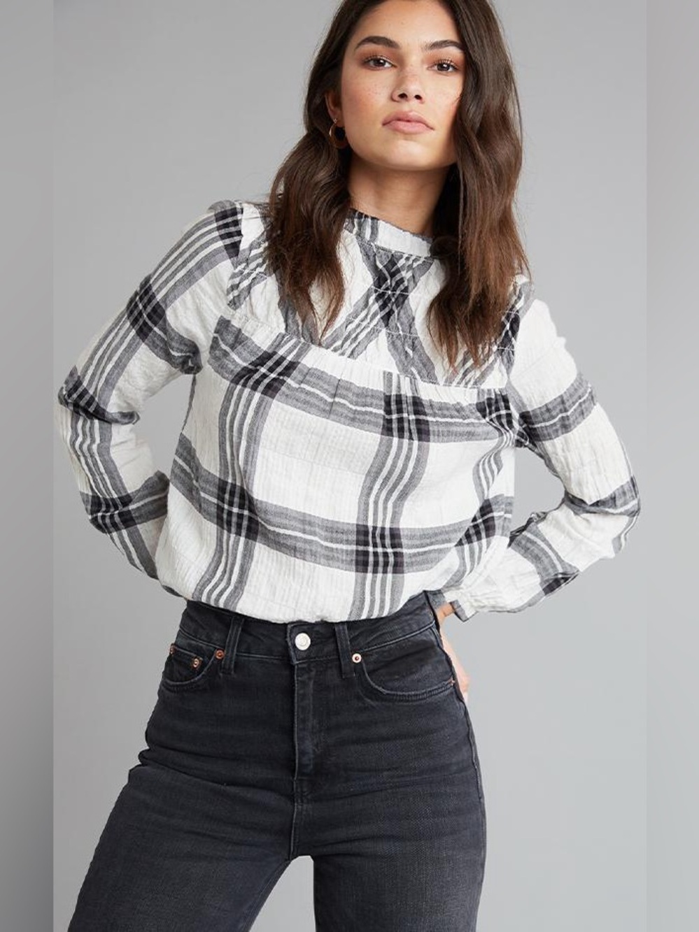 Bella Dahl Plaid high Neck Long-Sleeve Top - Black & White sz S